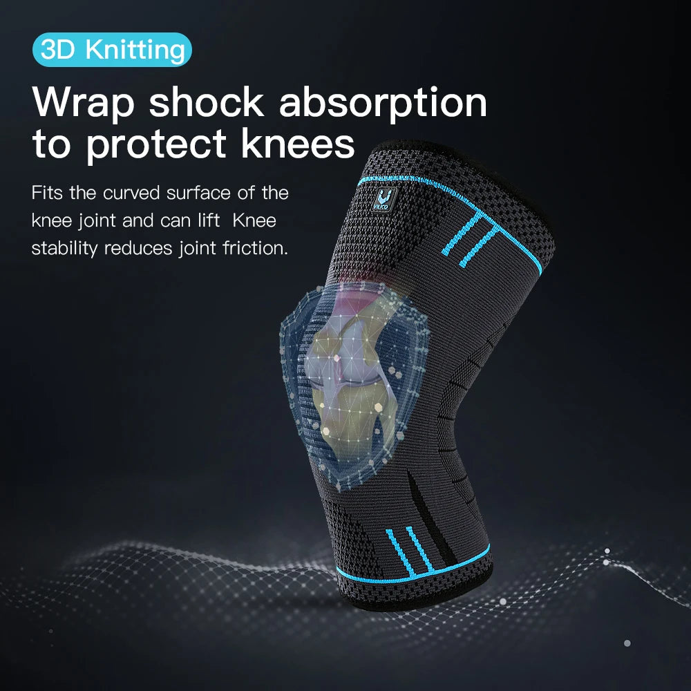 Black compression knee sleeves with blue accents, curved shock-absorbing knit