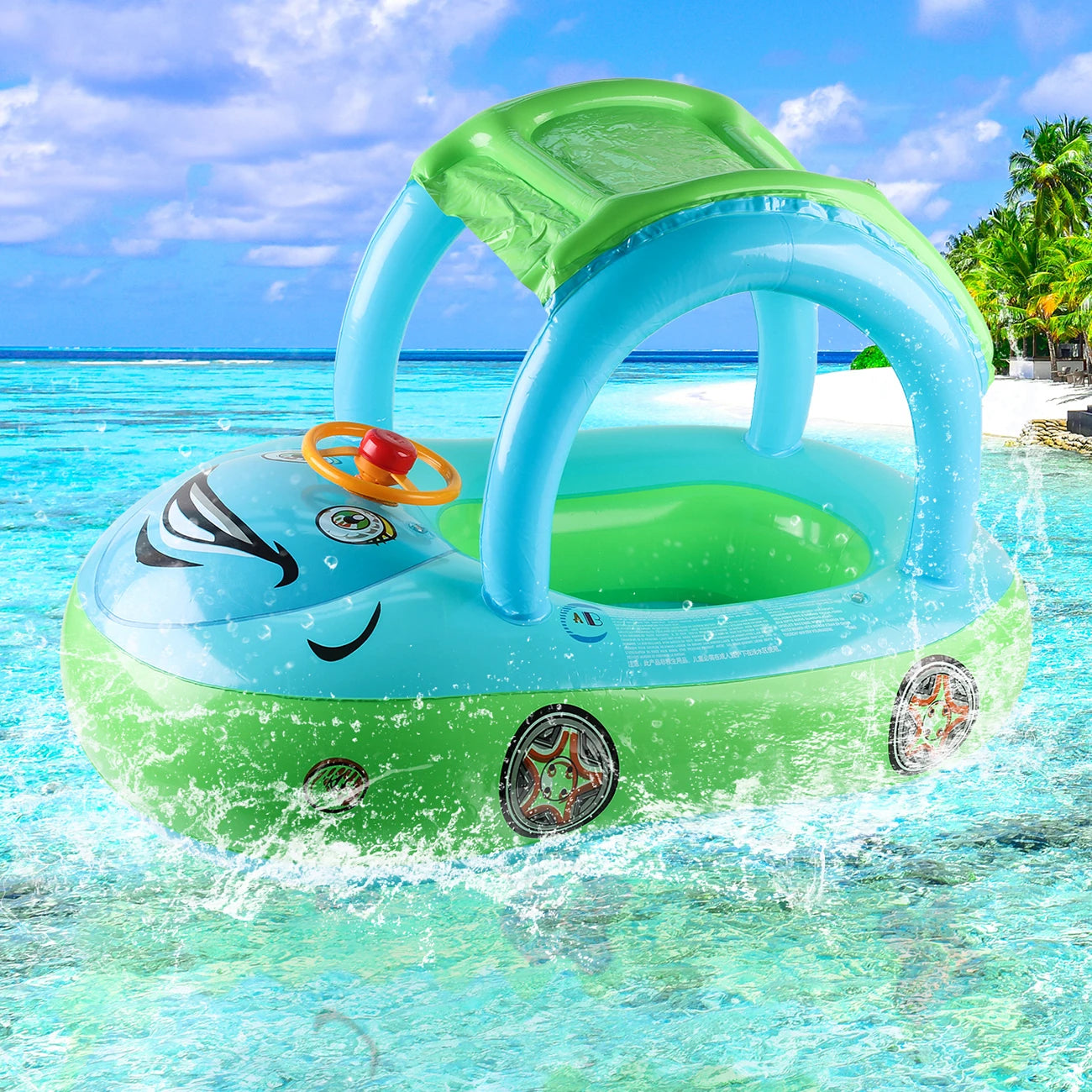 Light blue and green inflatable car-shaped pool float with canopy arch and orange steering ring