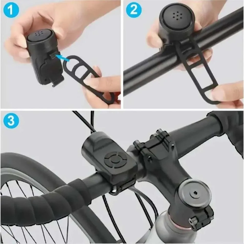Black handlebar horn installation showing button press and mounted speaker head