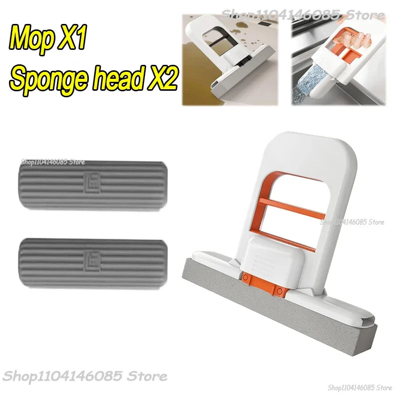 Foldable desktop sponge mop with orange handle and two gray replacement heads