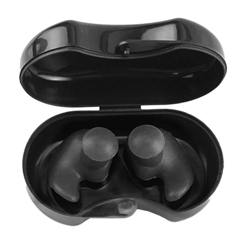 Reusable silicone swimming earplugs with storage case, dark/black ear inserts