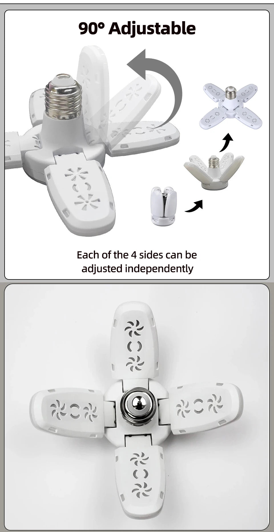 Adjustable foldable LED fan bulb, 90-degree tilt with four independently set arms