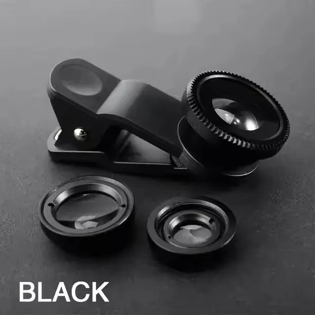Black 3-in-1 phone camera lens set with clip and three round lens attachments
