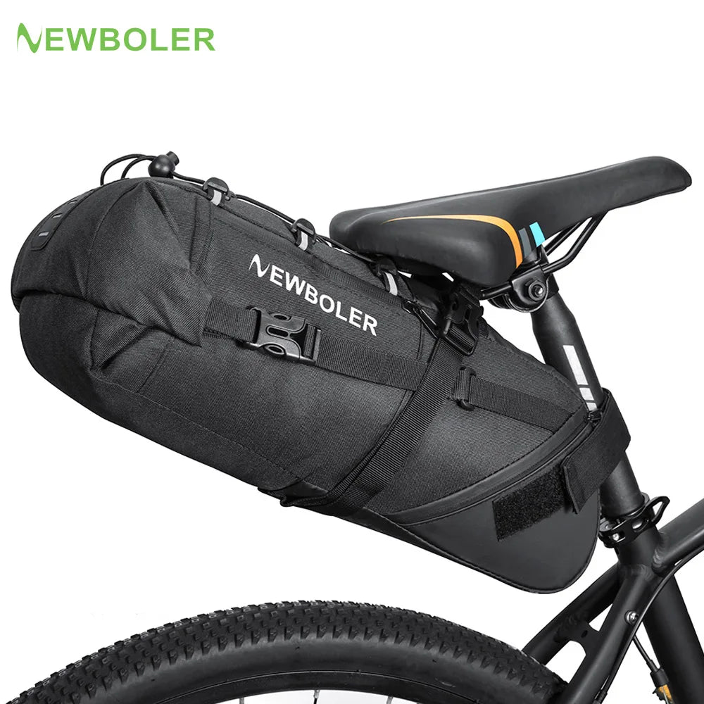 Black NEWBOLER rear bike tail bag with top handle and side mounting straps