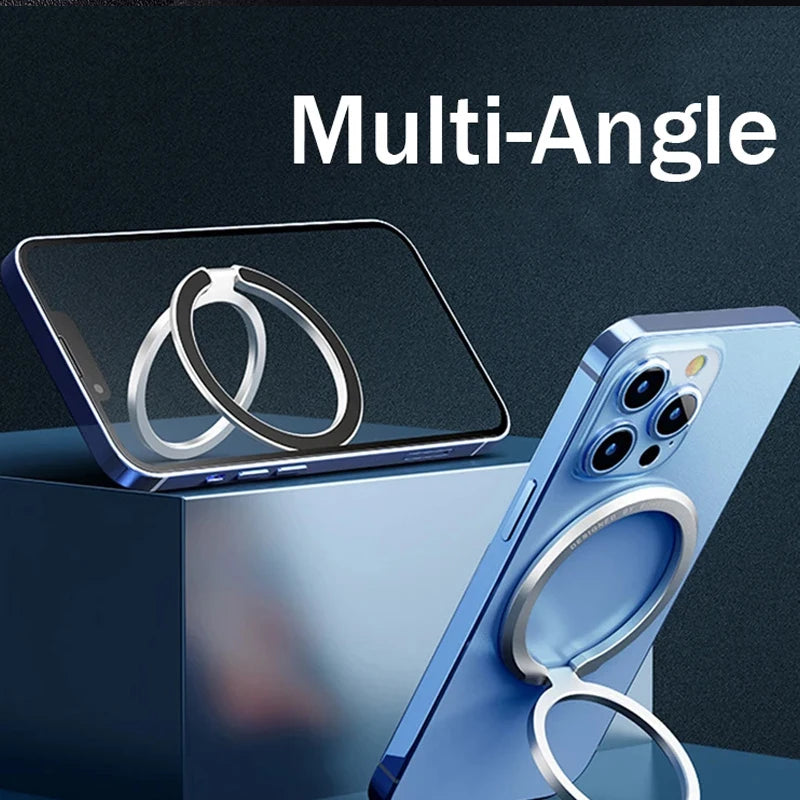 Silver magnetic phone ring holder on phone case, adjustable finger loop stand