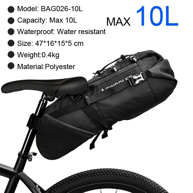 NEWBOLER waterproof bike saddle bag with secure straps, black, 10L-ready size