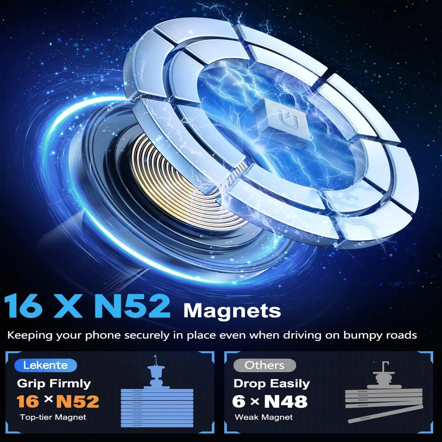 Glowing blue magnetic wireless car charger mount with circular disc and coil rings