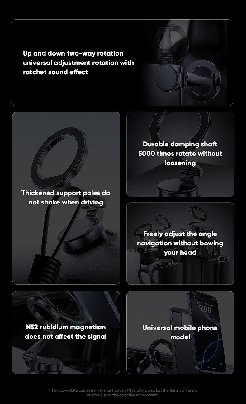 Black MagSafe car phone holder set showing folded ring and vent clip mount