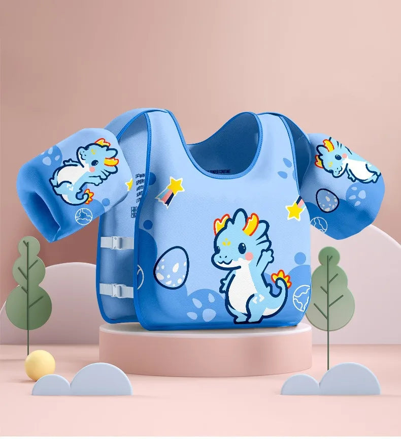 Blue kids swim buoyancy vest with cute cartoon cat/dog print and short arm float sleeves, front straps