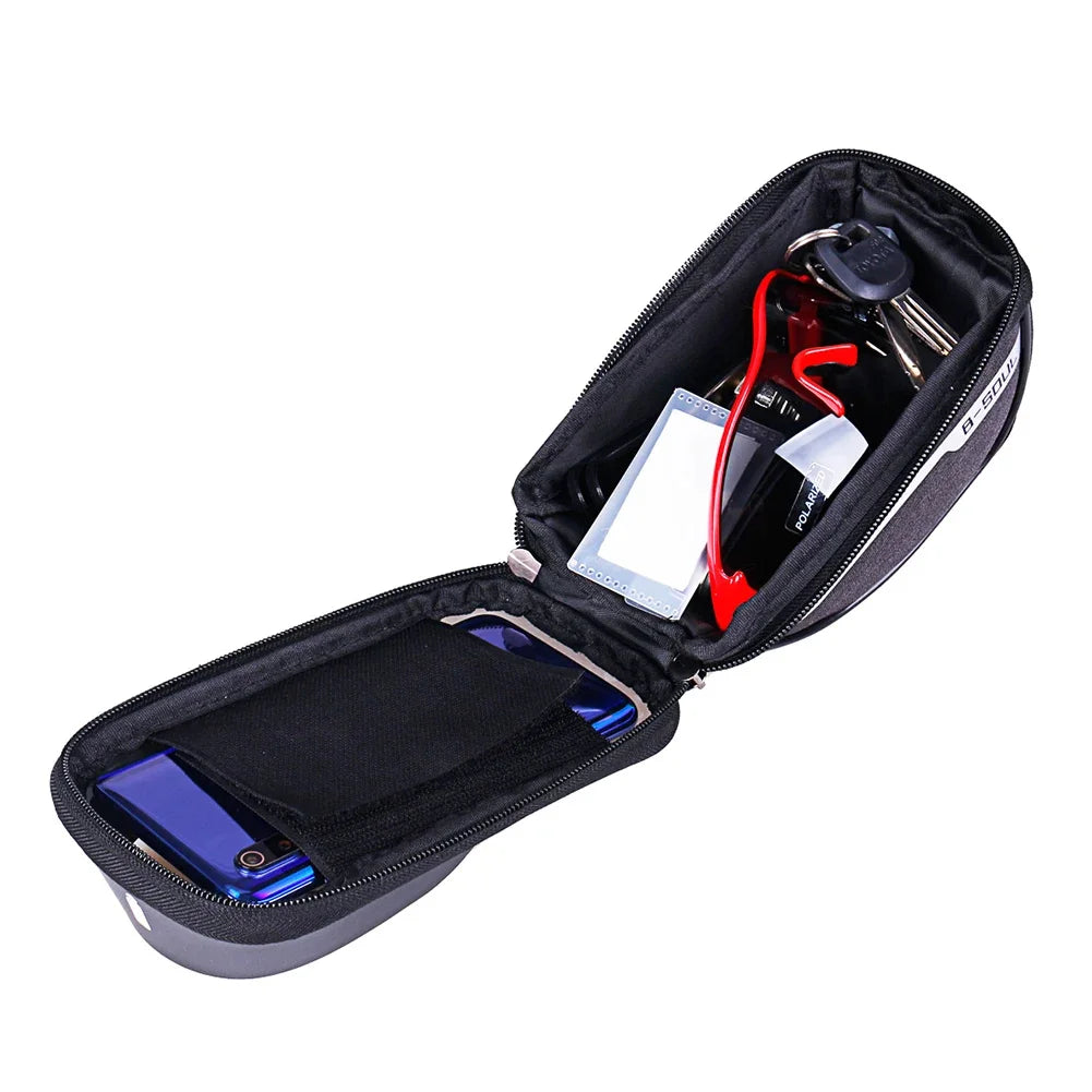 Black bike handlebar phone bag open with internal organizer pocket and elastic holder