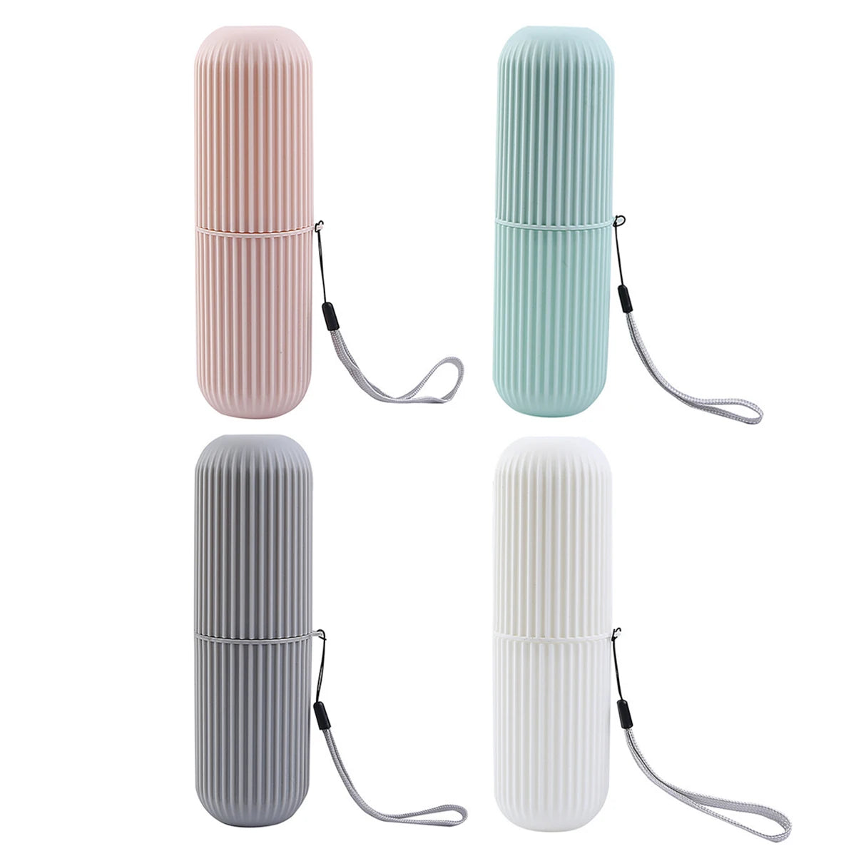 Travel toothbrush and toothpaste holder case set of 4, ribbed cylinders with wrist straps