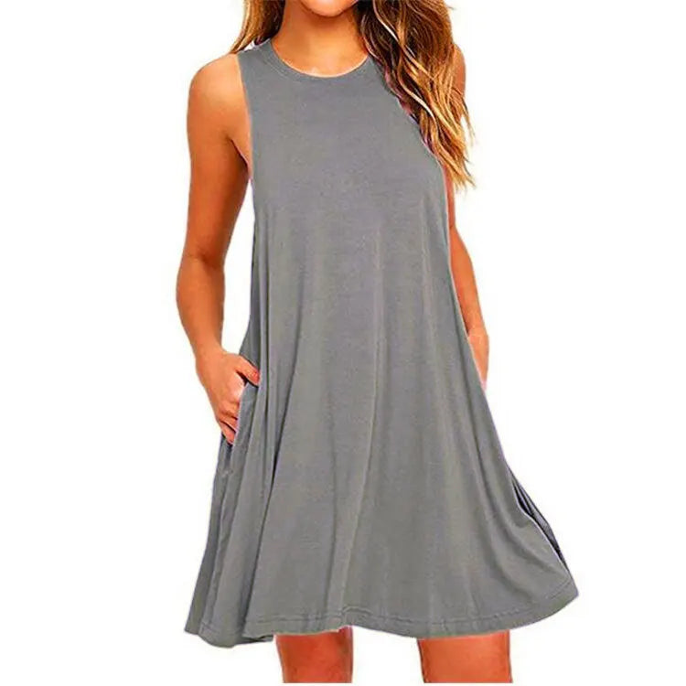 Gray sleeveless swing T-shirt dress with crew neck and side pockets