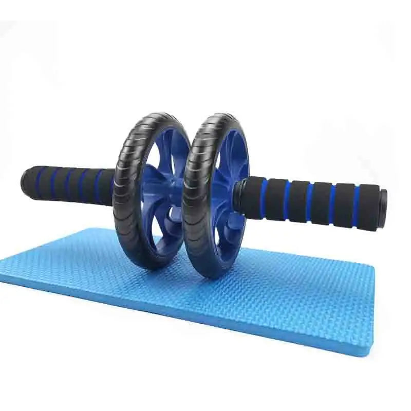 Blue dual-wheel abdominal roller with ribbed foam handles and black wheels on mat