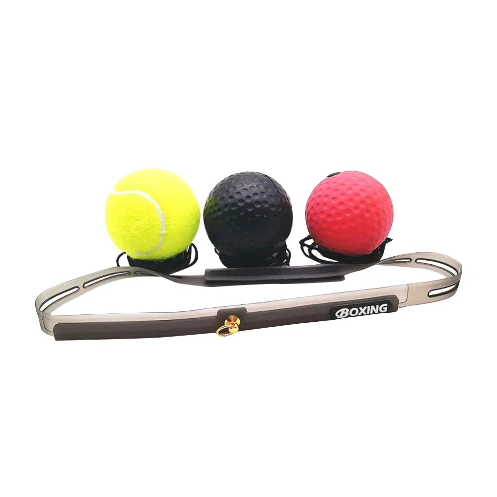 Triple reflex punch ball set: yellow, black, and red balls on boxing training strap