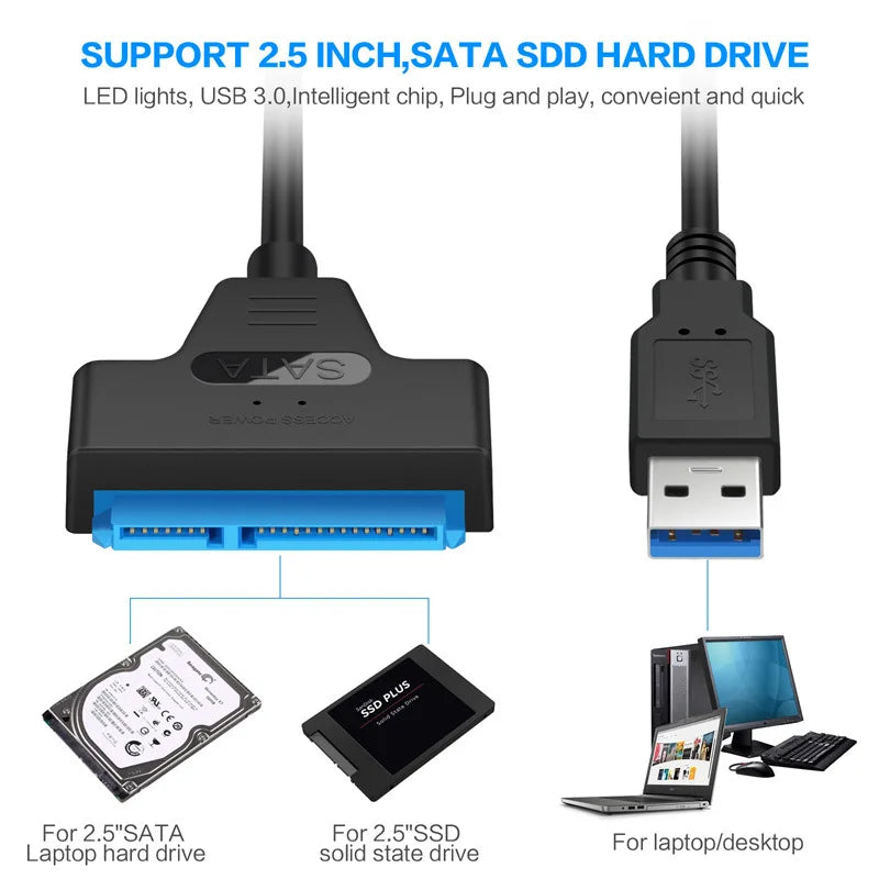 SATA to USB adapter cable for 2.5-inch drives, black unit with USB 3.0 plug