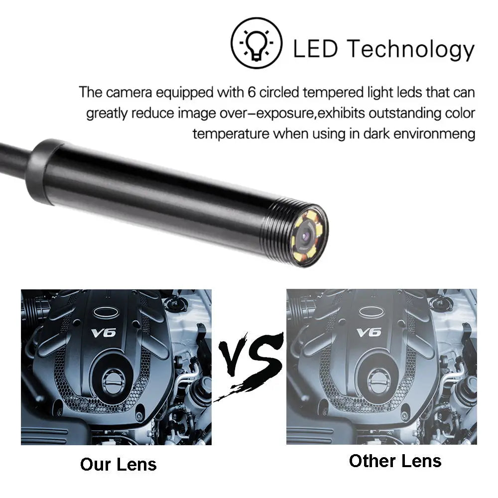Flexible endoscope camera probe with LED technology label and lens detail view