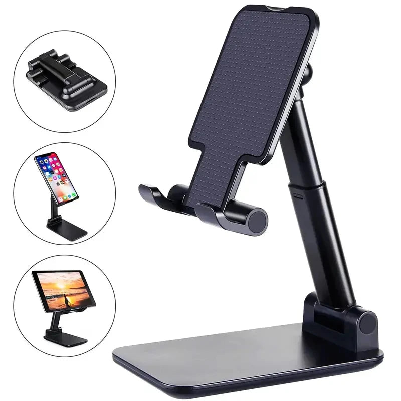 Adjustable desk phone stand in dark color with cradle and flat base