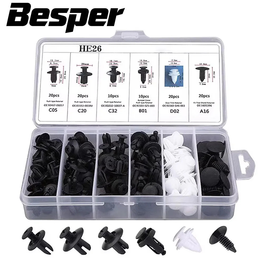 Auto push retainer clip kit in clear organizer with mixed black and white clips