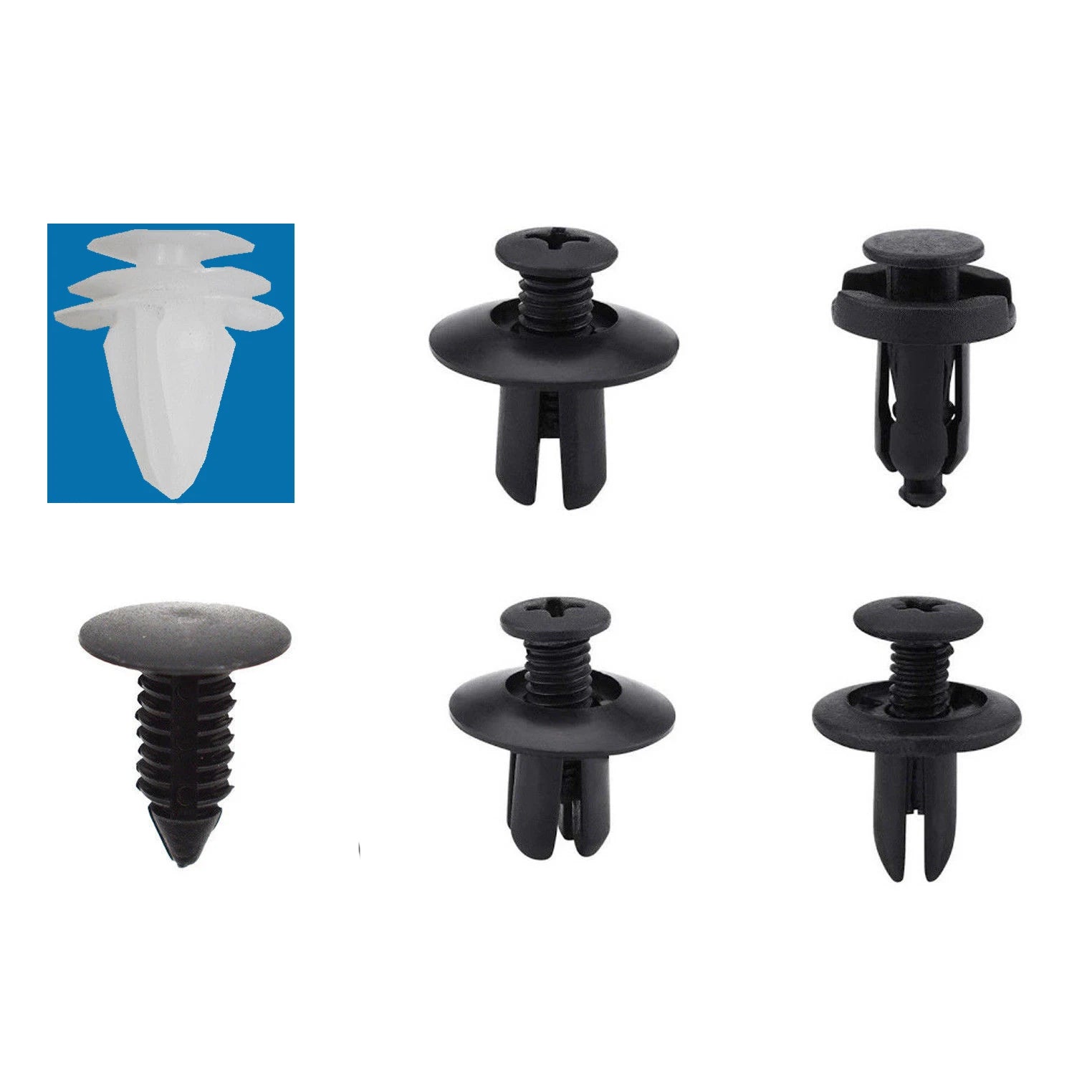 Set of black plastic push retainer clips with round heads and stem