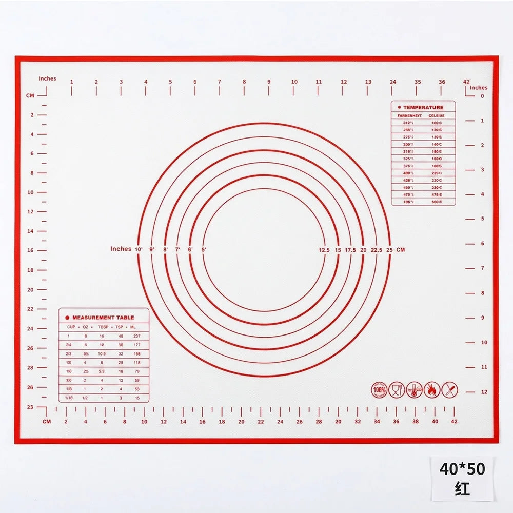 Silicone baking mat with concentric ring guide, measurement grid, and 40x50cm size label