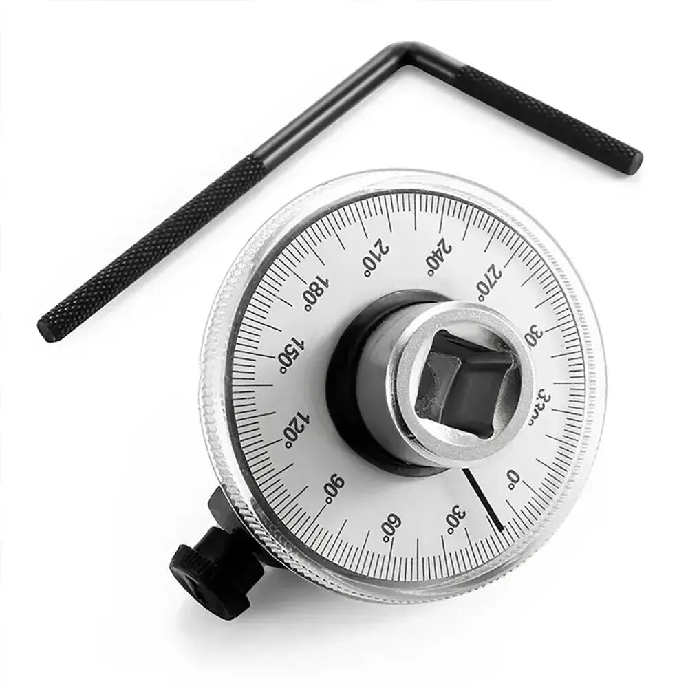 Dial torque meter wrench tool with knurled handle and engraved degree scale