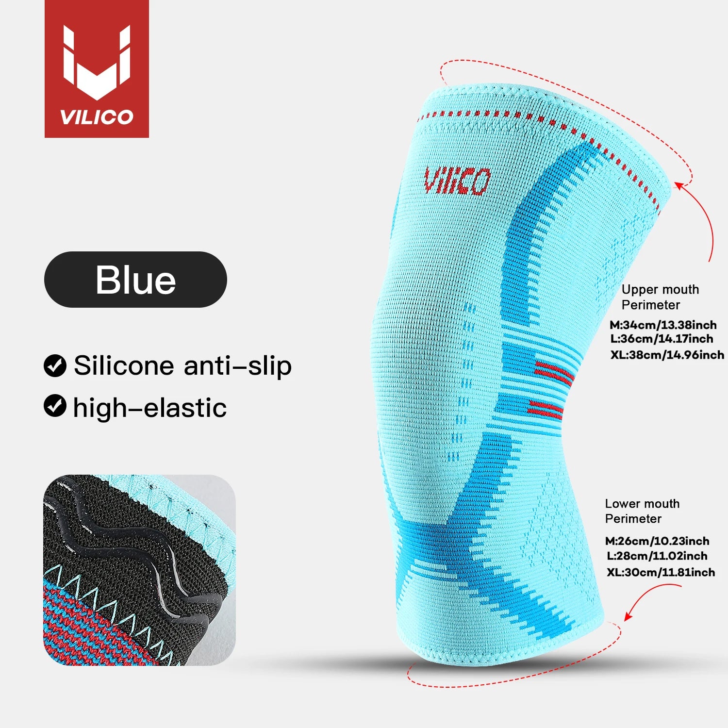Blue compression knee sleeve with silicone anti-slip and high-elastic breathable knit