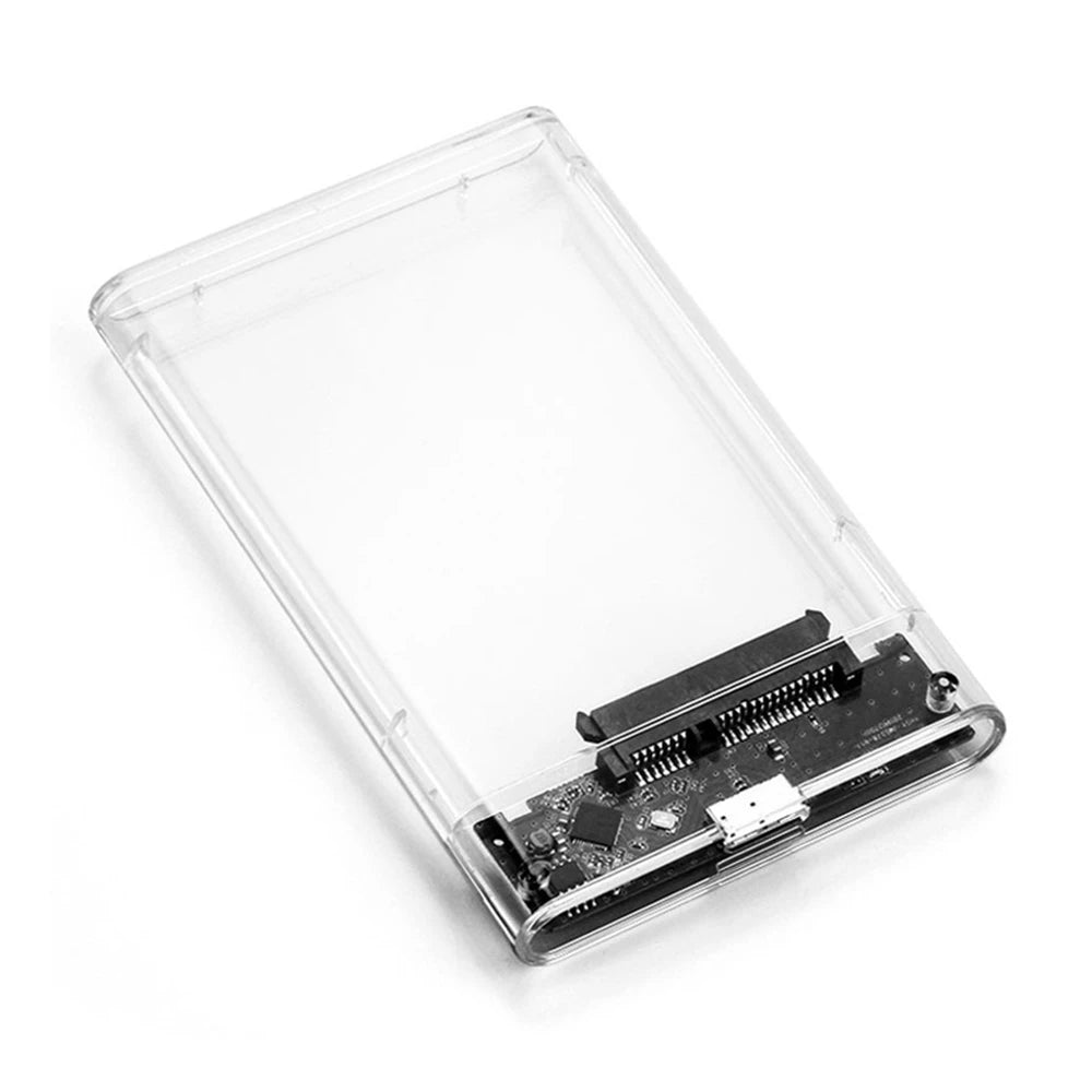 2.5-inch SATA enclosure with transparent cover showing SATA connector and circuit interface
