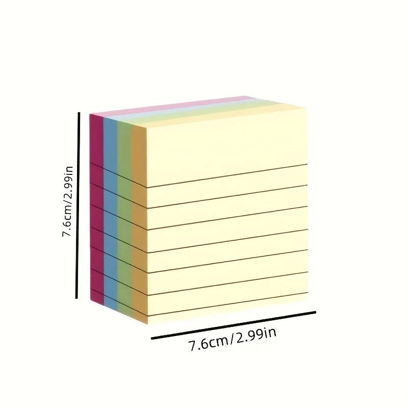 Stack of square sticky note pads with multi-color edges and ruled writing lines