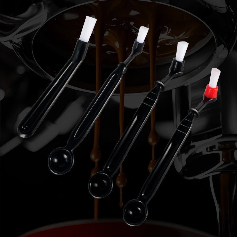 Coffee machine cleaning brush set with long black handles and white bristle heads