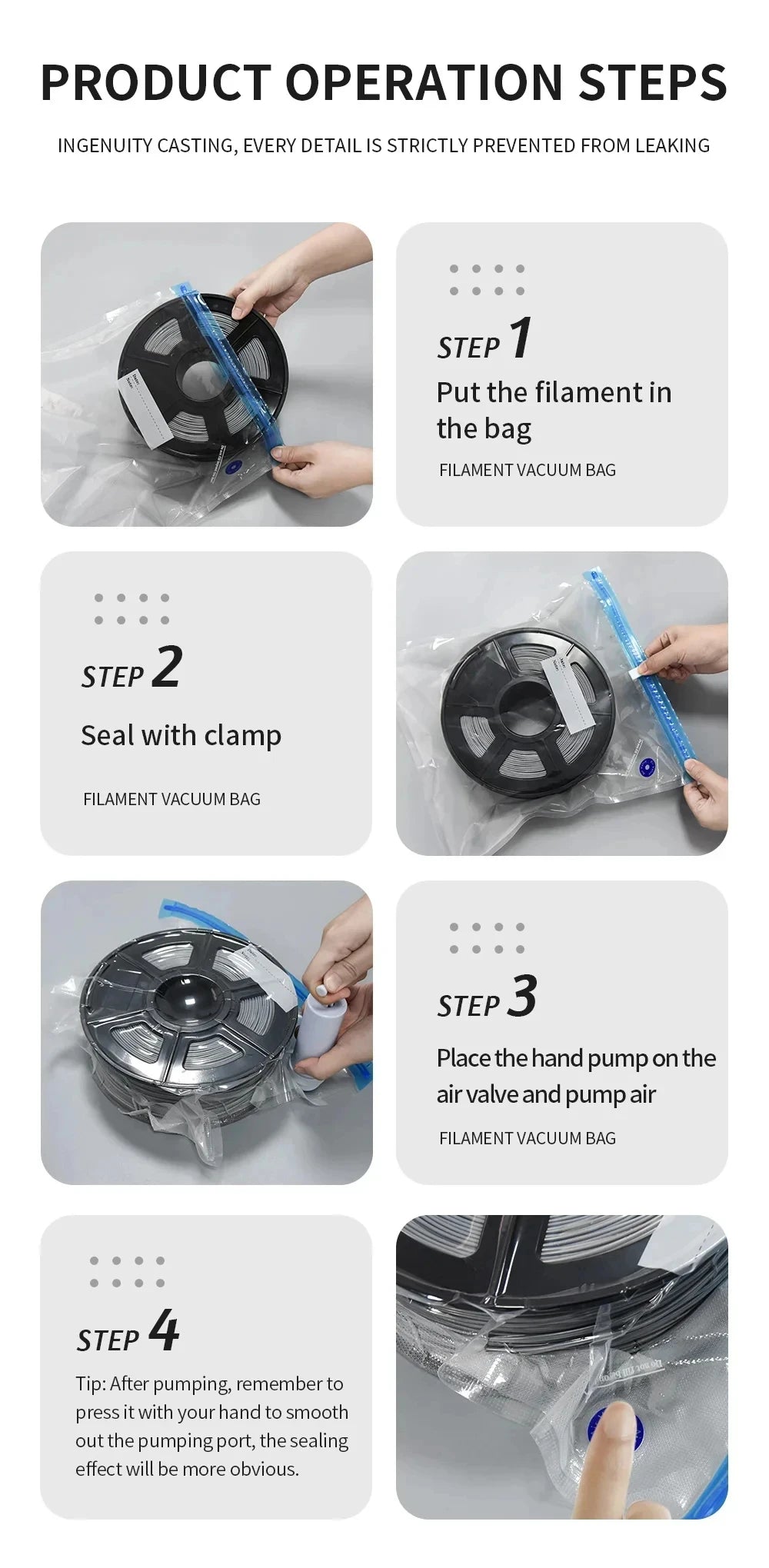 Vacuum filament storage bag set with sealing clamp and pump operation steps