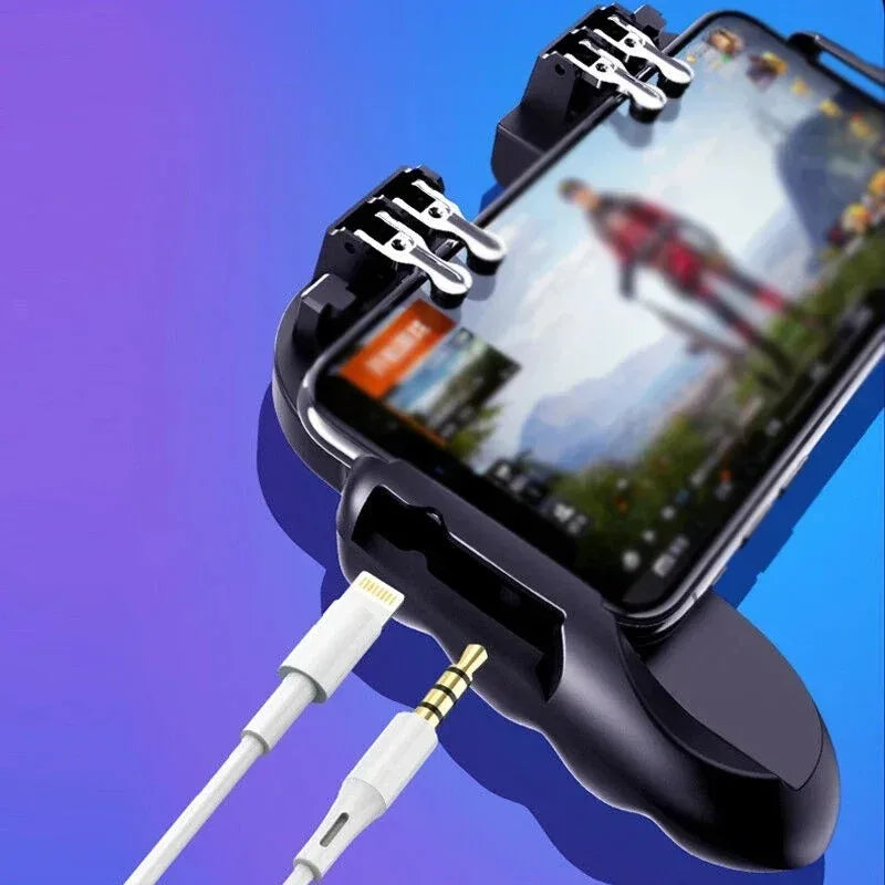 Black mobile phone gamepad controller with phone clamp and cooling handles, shows connected cable
