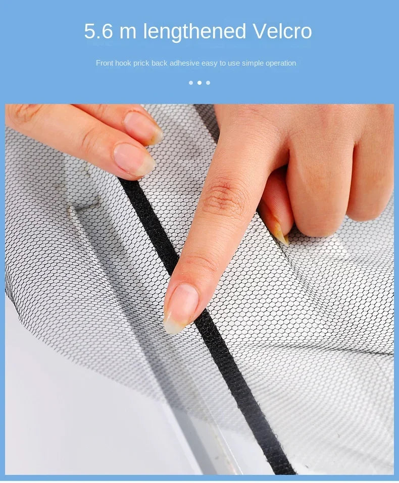 DIY mosquito screen mesh with black adhesive edge and hook-and-loop strip detail