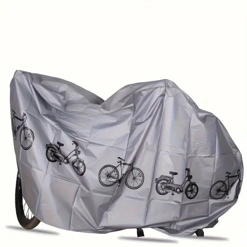 Gray bike cover with bicycle print, close-up view over the rear half of a bicycle