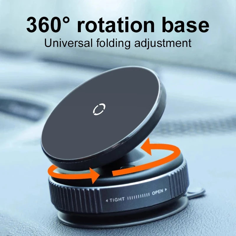 Magnetic phone holder with 360° rotation base, dark round top, and adjustment ring
