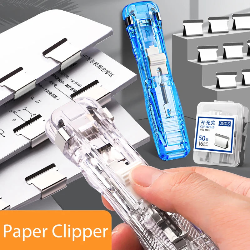 Mini push paper stapler clamp with clear body and blue clamp model