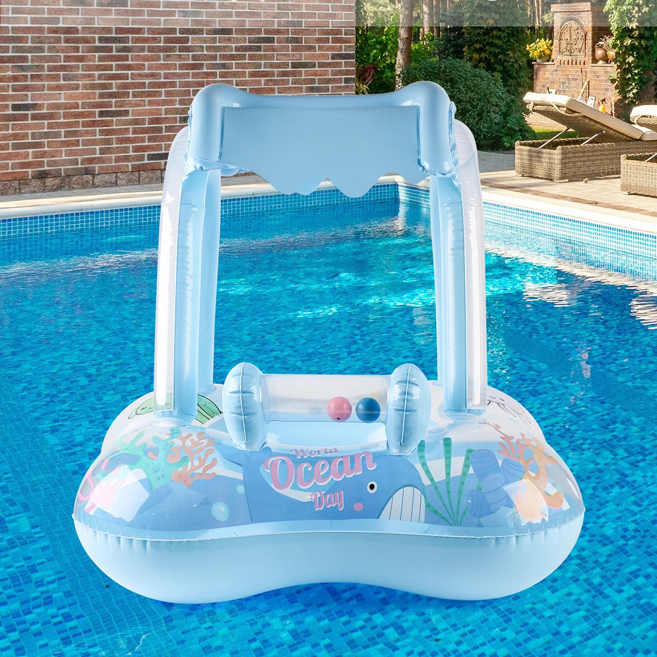 Blue kids pool float with canopy, clear front splash shield, and inflatable side rails