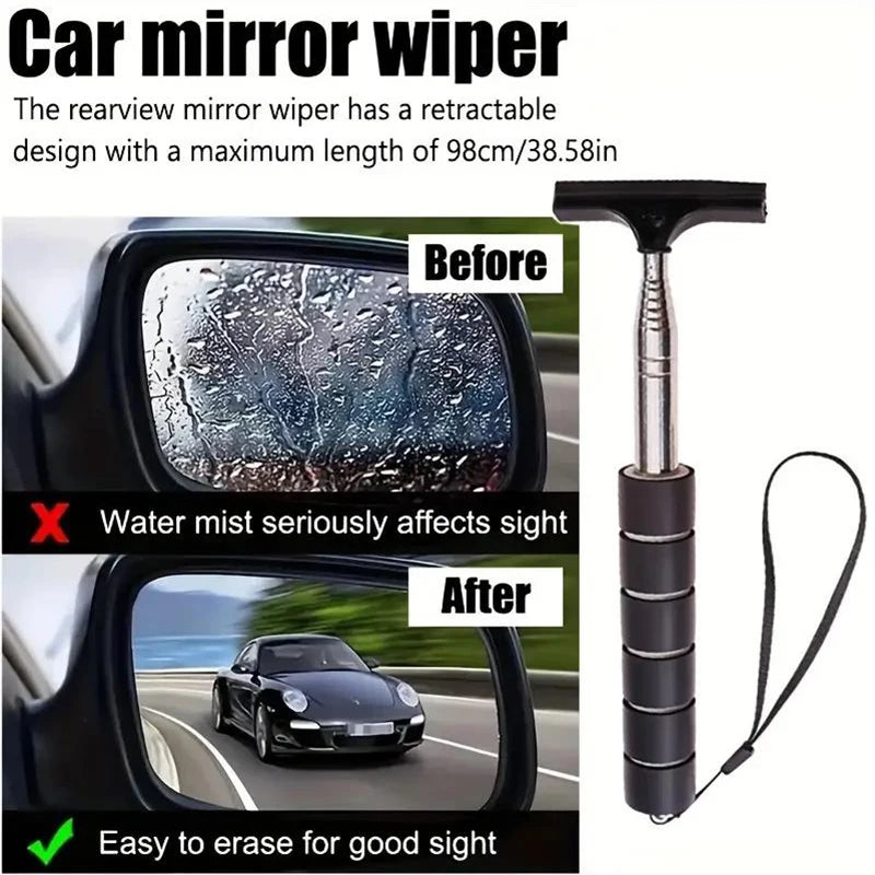 Car rearview mirror wiper with telescopic metal handle and black foam grip