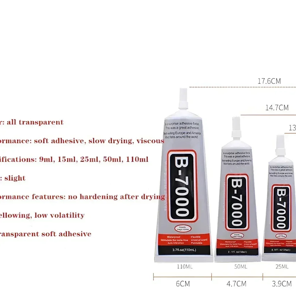 B-7000 adhesive tubes set with white nozzles and size measurement layout