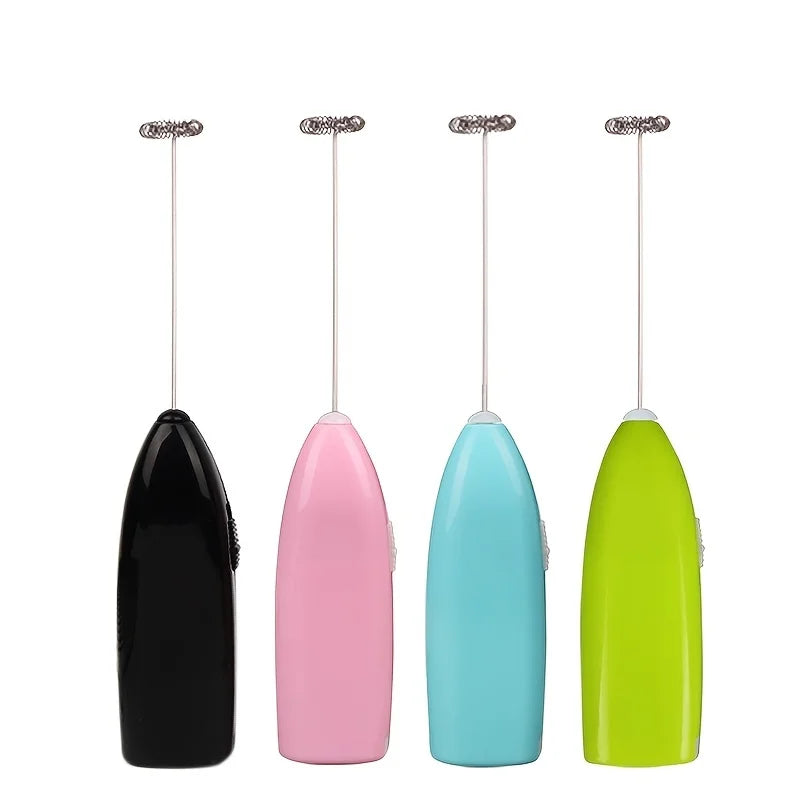 Handheld milk frother set in black, pink, blue, and green colors