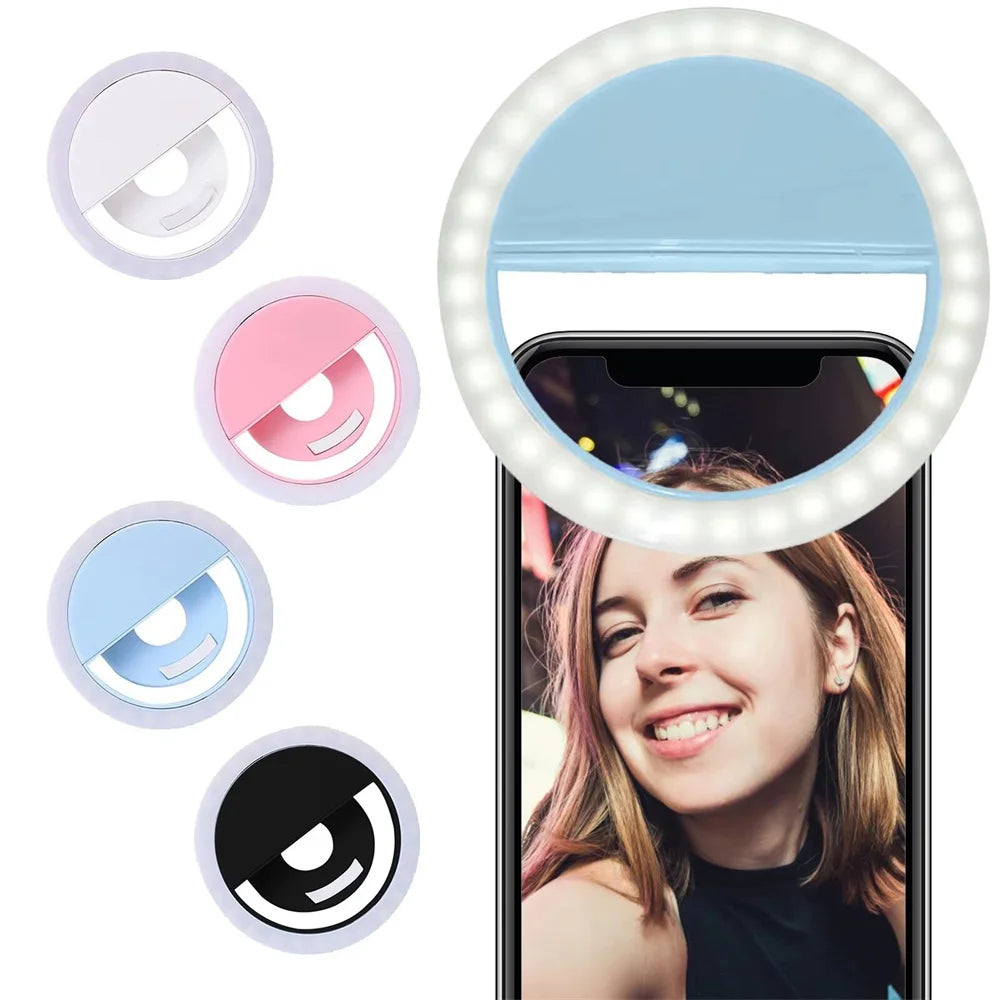 Multi-color LED selfie ring lights: white, pink, blue, and black round panels
