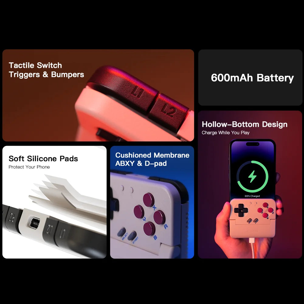 Controller close-up with textured side grip, trigger area, and purple button layout