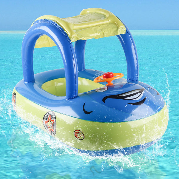 Blue and green inflatable car-shaped pool float for toddlers, with canopy handle bars