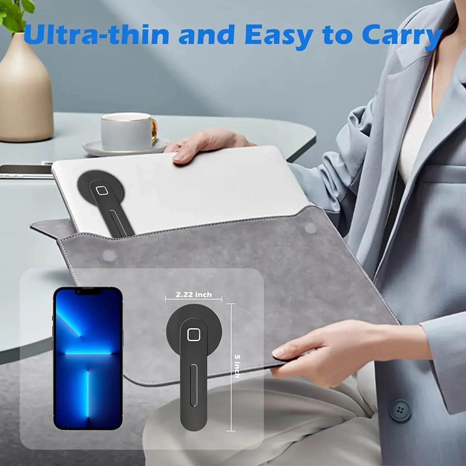 Ultra-thin foldable magnetic phone holder with base mount and side arm on a laptop