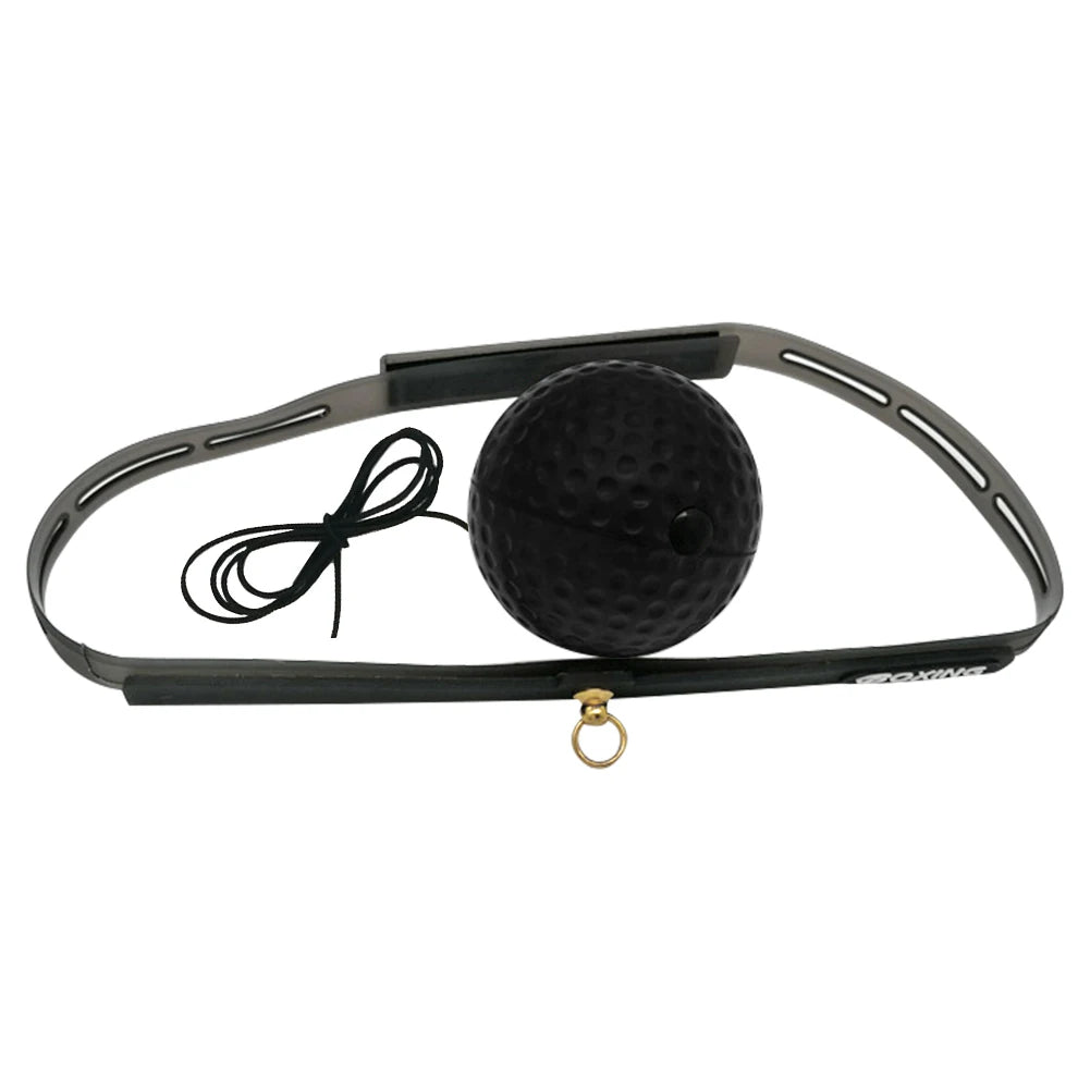 Black reflex punch ball on black elastic headband with tether cord and gold ring