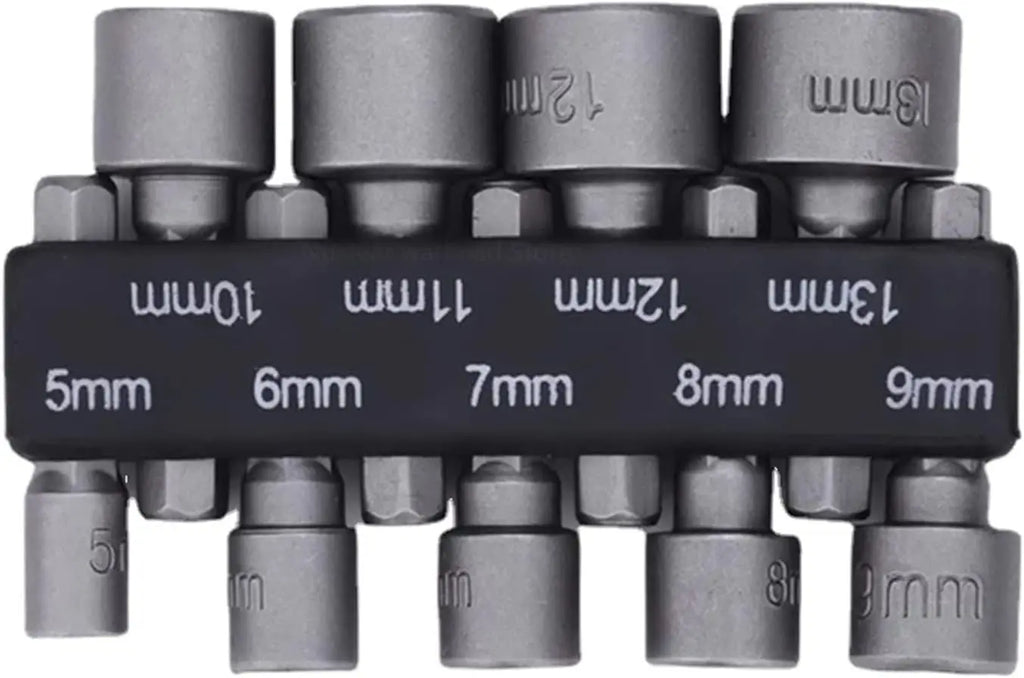 Hex socket set on a rail with stamped sizes 5mm to 9mm