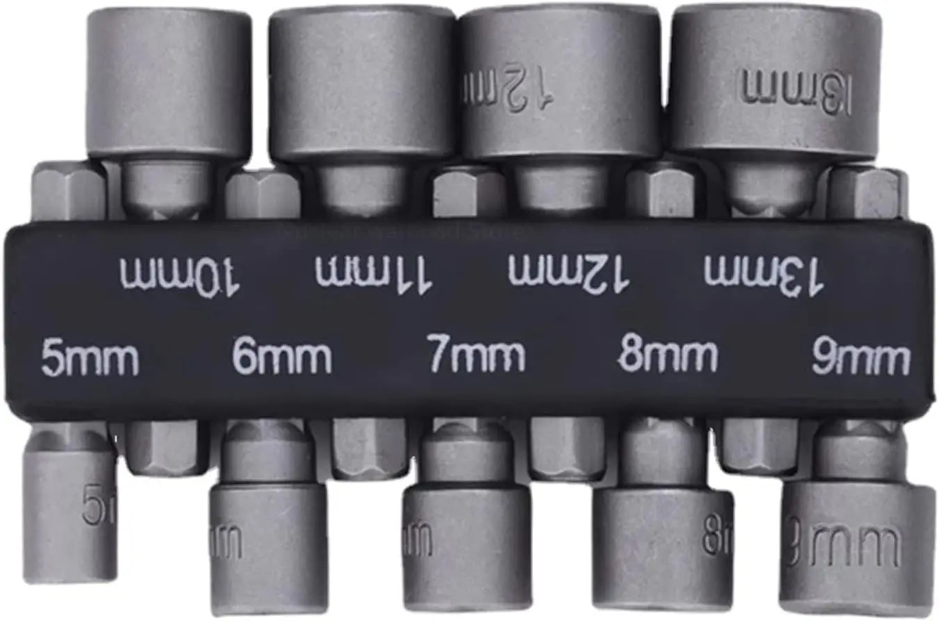 Hex socket set on a rail with stamped sizes 5mm to 9mm