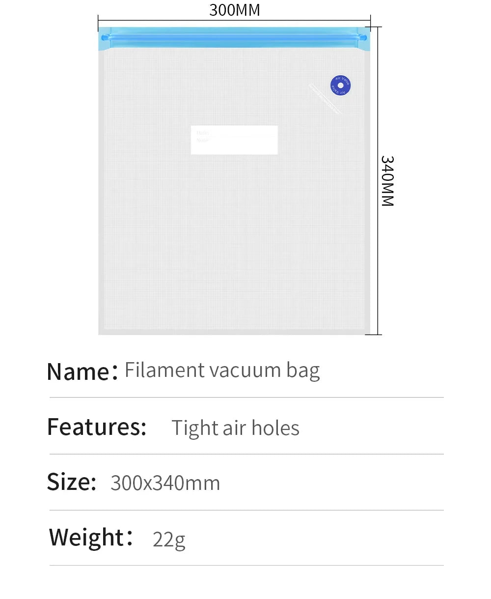 Vacuum filament storage bag measuring 300 x 340 mm with valve