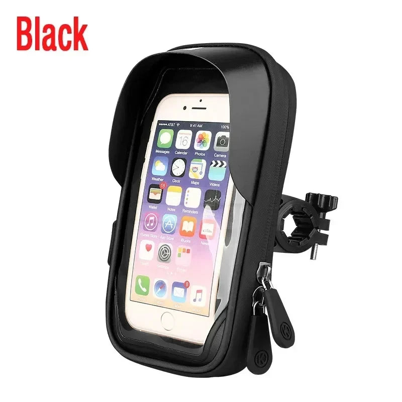 Black waterproof phone holder case with clear window and handlebar bracket