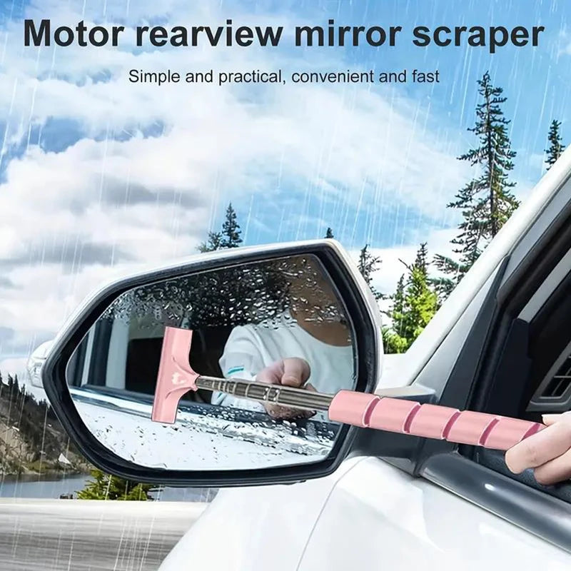 Telescopic rearview mirror scraper with pink handle, metal extension, and black wiper head