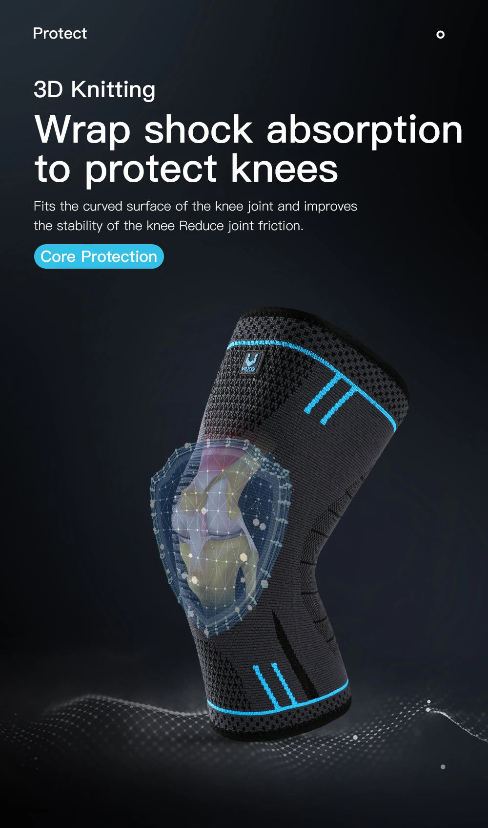 Black compression knee sleeve with breathable knit and blue support stripes